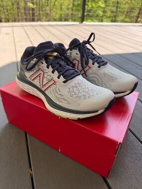 New Balance White and Navy Athletic Sneakers